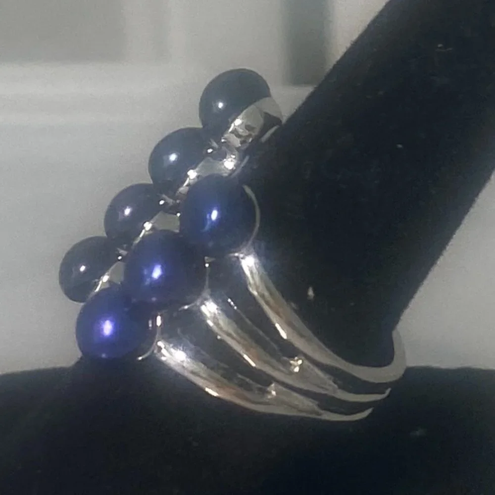 Midnight Blue Glass Stone Ring Silver Tone Sz Adjustable
